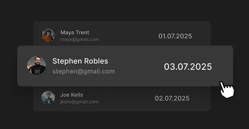 User interface with three contact cards showing names, emails, and dates, highlighting Stephen Robles's card with a cursor pointer icon.