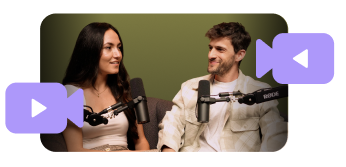 Man and woman sitting and talking in a podcast recording setup.