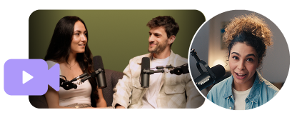 Two people speaking in a podcast studio with woman in a smaller circle.