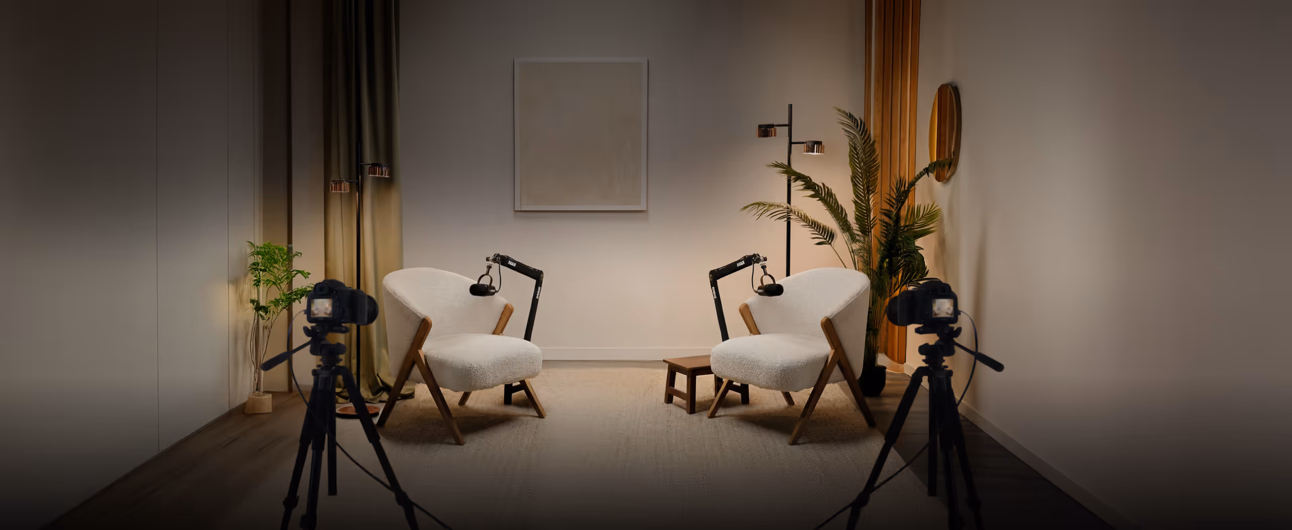 podcast room with white comfy chairs ready for shooting