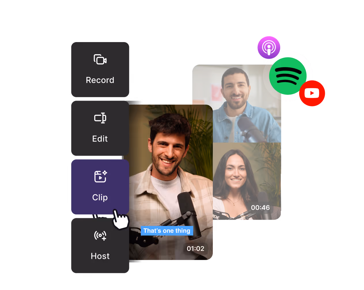Video chat screen with three people, clip button selected.