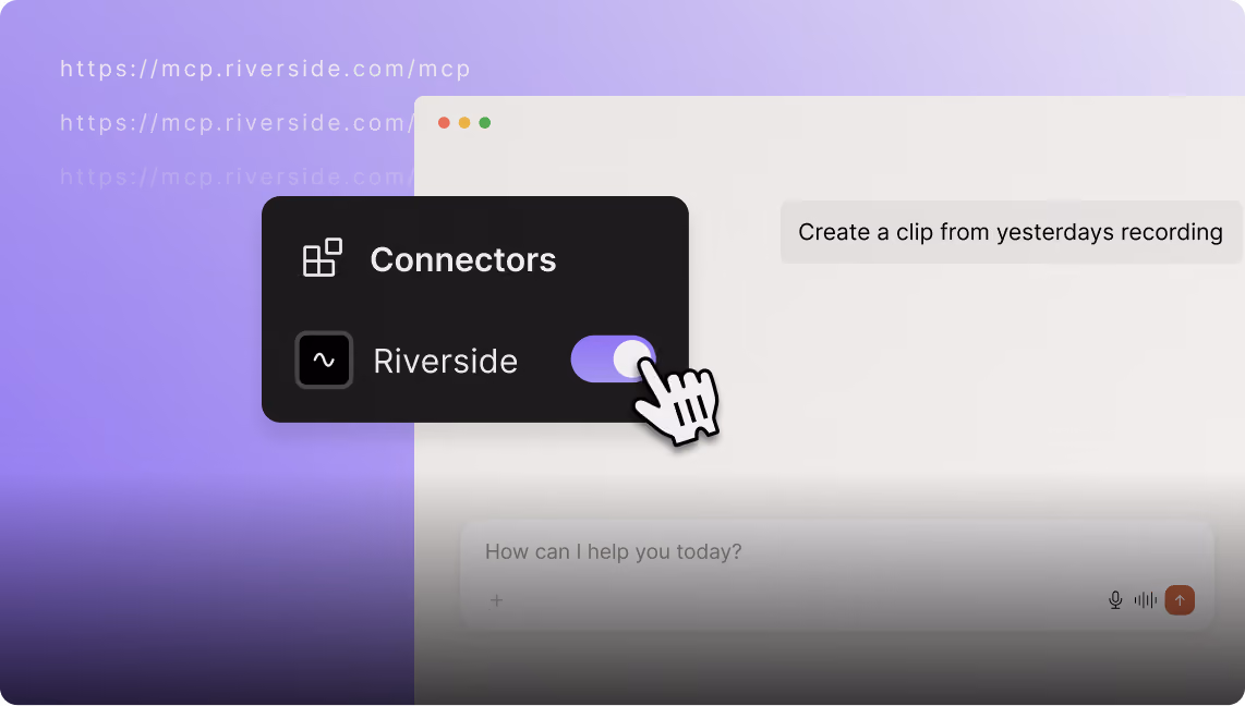 Riverside connector toggled on in an MCP client to create a clip from a past recording