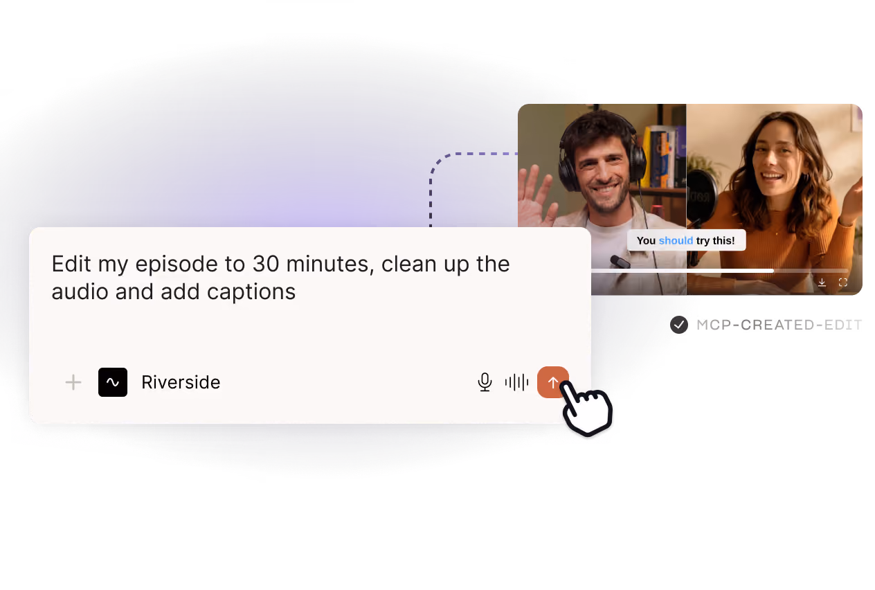 Riverside AI prompt editing a podcast episode to 30 minutes with cleaned audio and captions