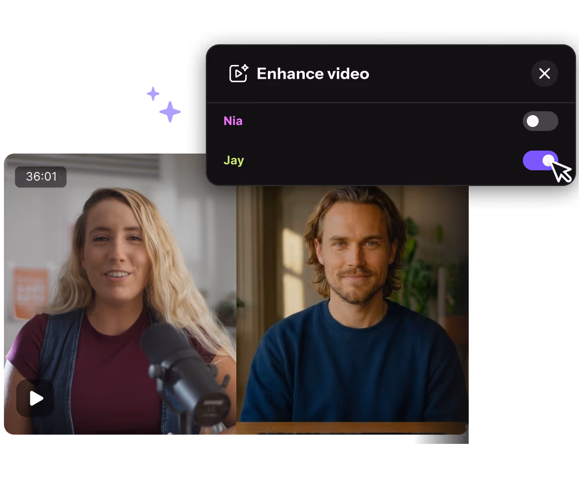Riverside Enhance video panel toggling AI video enhancement per participant in a recording