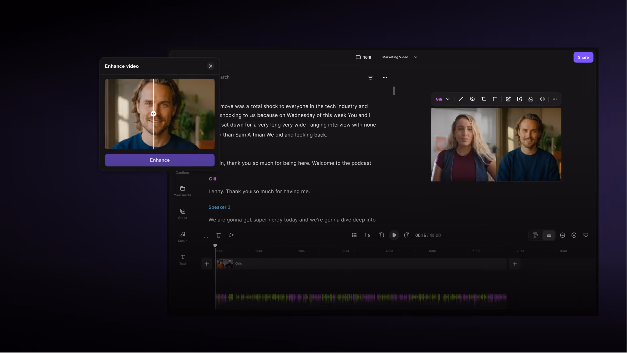 Riverside Enhance video before and after comparison in the editor with transcript and timeline