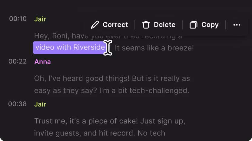 Riverside transcript editor with text selected and inline editing options for a podcast conversation