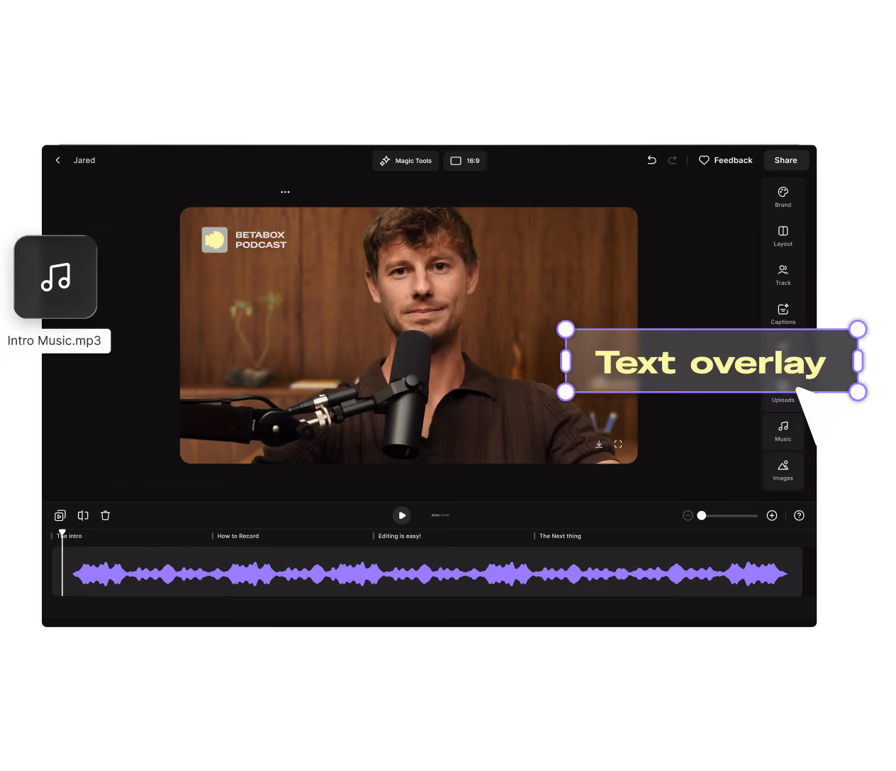 Riverside editor showing an AI Avatar script, text overlay on video, and audio timeline with chapters