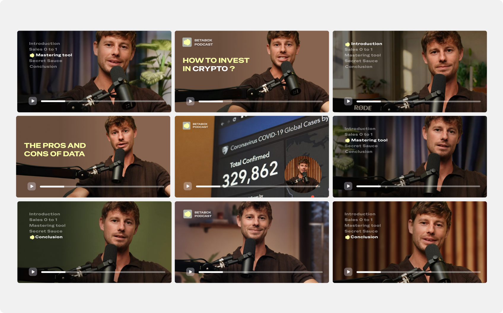 Podcast episode repurposed into a grid of nine themed video clips with chapter labels