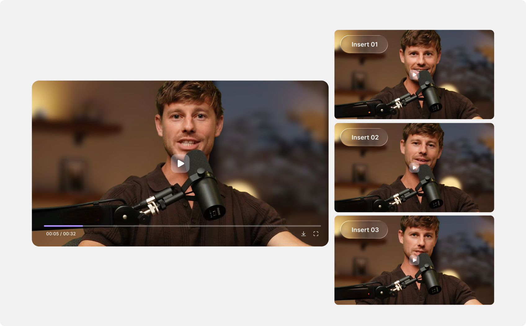 Riverside podcast recording with three insert clip markers for adding B-roll footage