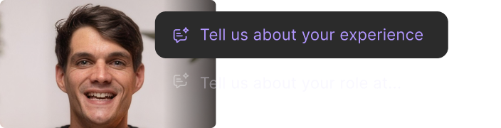 Smiling person with a video testimonial prompt asking about their experience