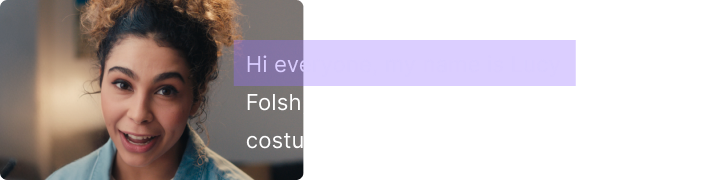 Video testimonial recording with caption overlay showing a speaker's opening words
