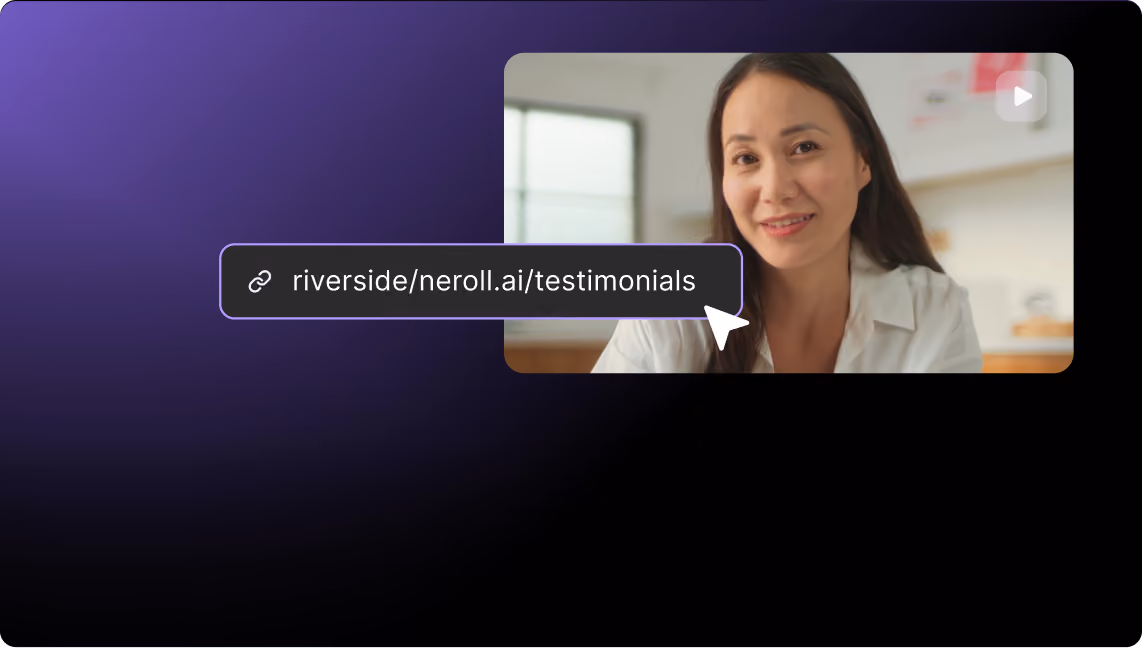Riverside testimonial page with a shareable link and a video preview of a smiling guest