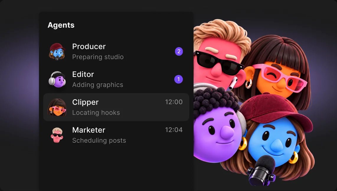 The Agents list with Producer, Editor, Clipper and Marketer next to the four agent characters.