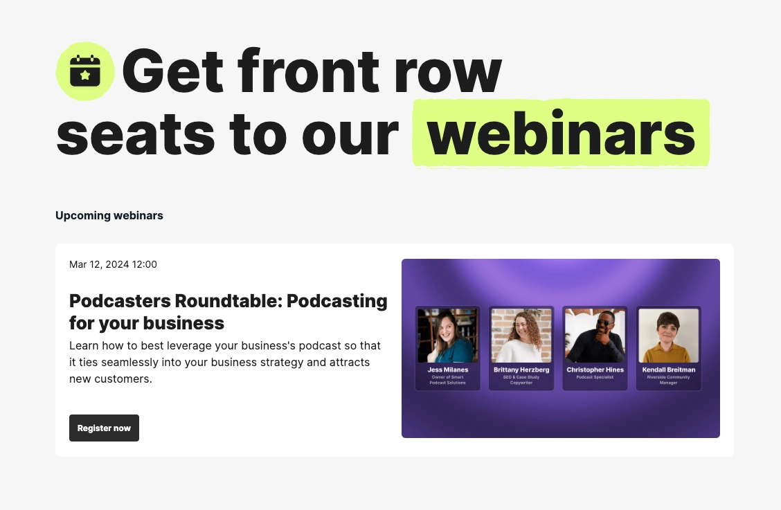 Riverside webinar landing page