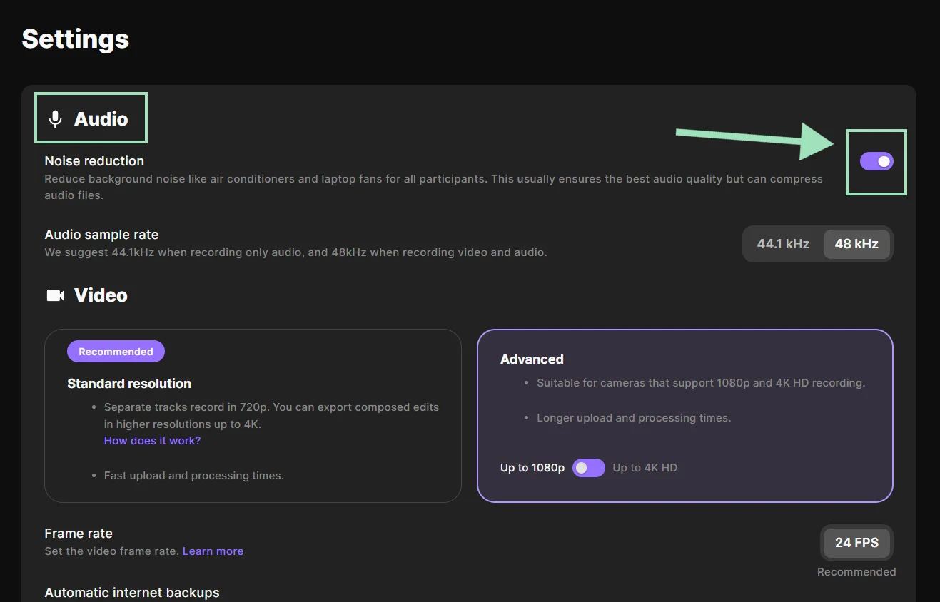 Setting up background noise removal for audio and video recordings on Riversided