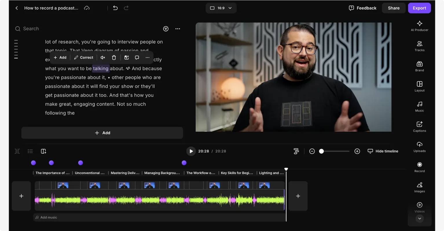 Editing a podcast recording on Riverside