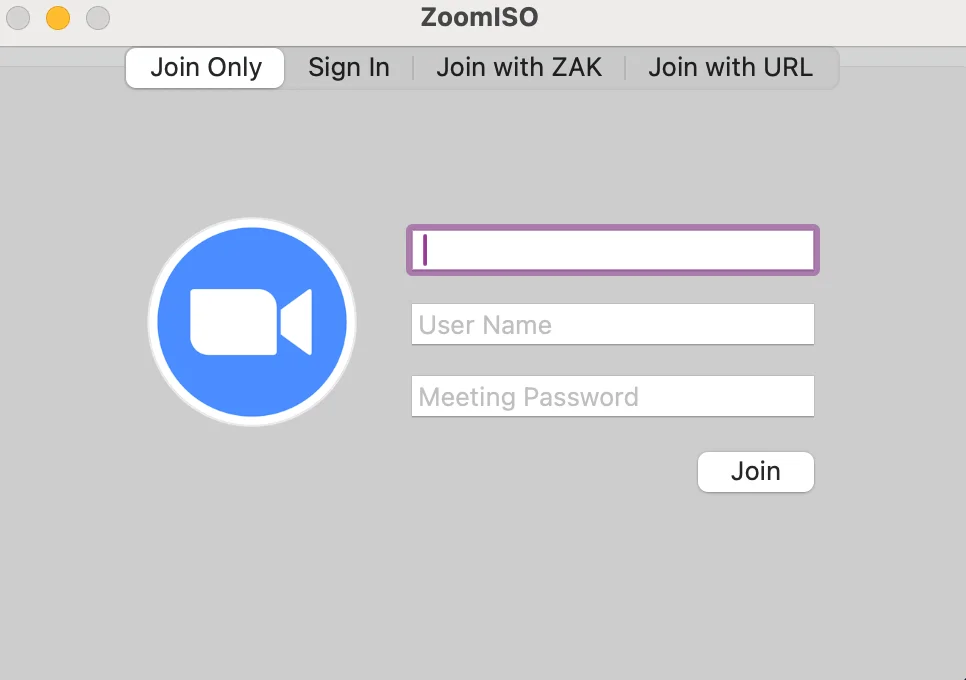 ZoomISO Login Screen