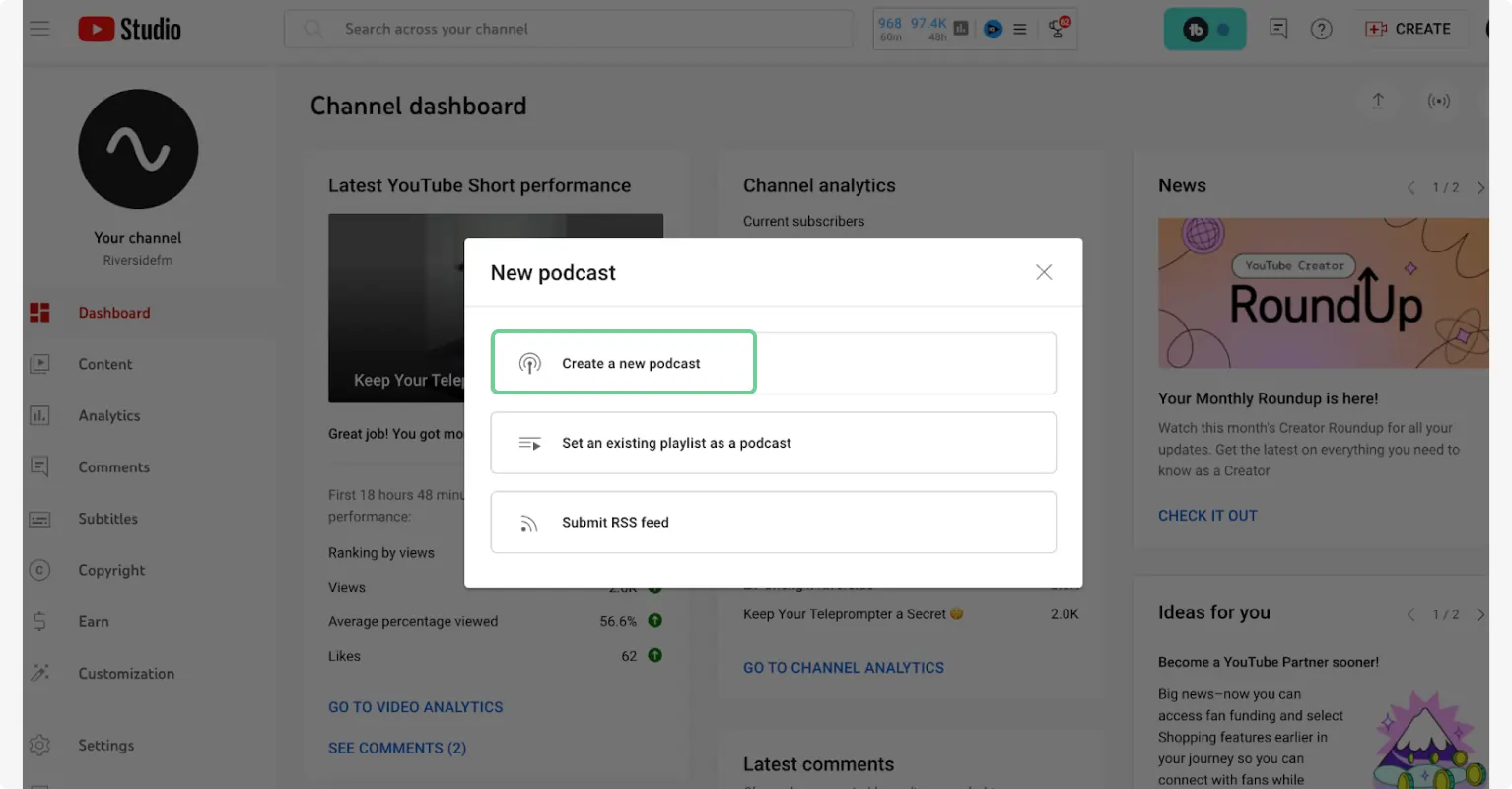 YouTube create new podcast