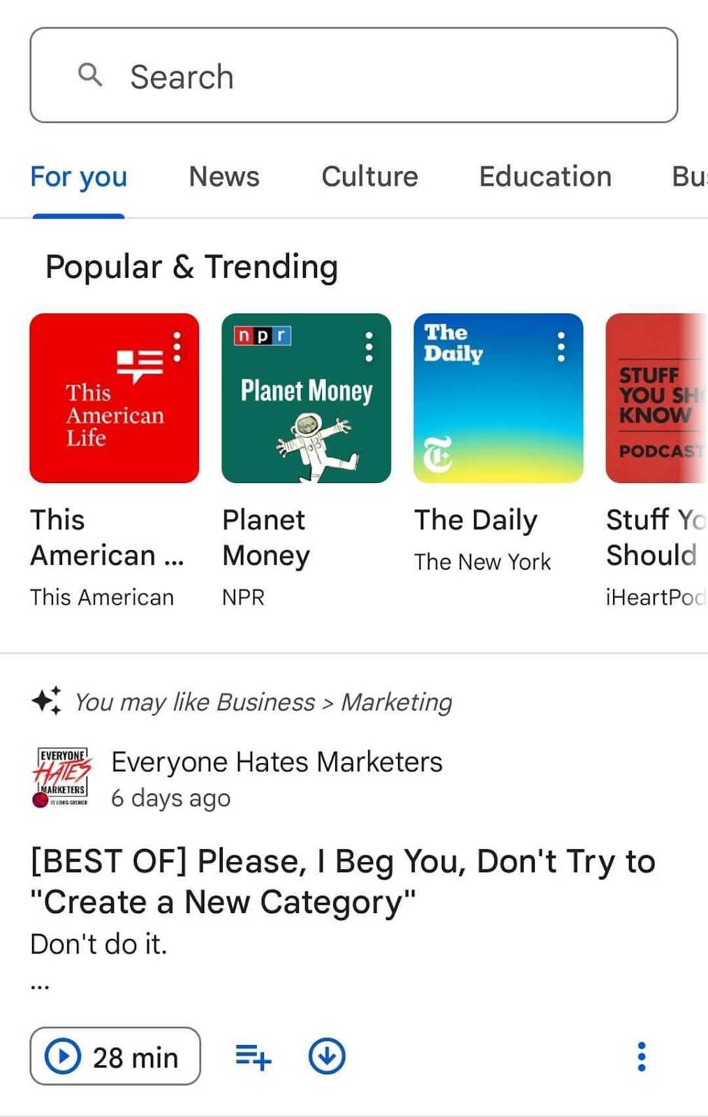 Choosing a category to listen to a podcast from Google Podcasts' mobile app..