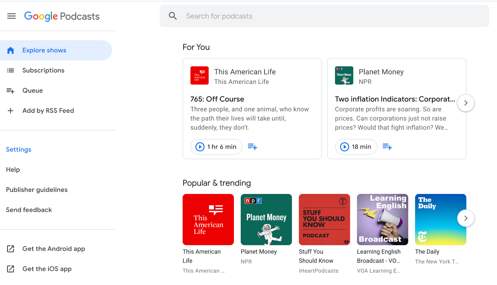 How to choose a podcast to listen to on a computer via Google Podcasts.
