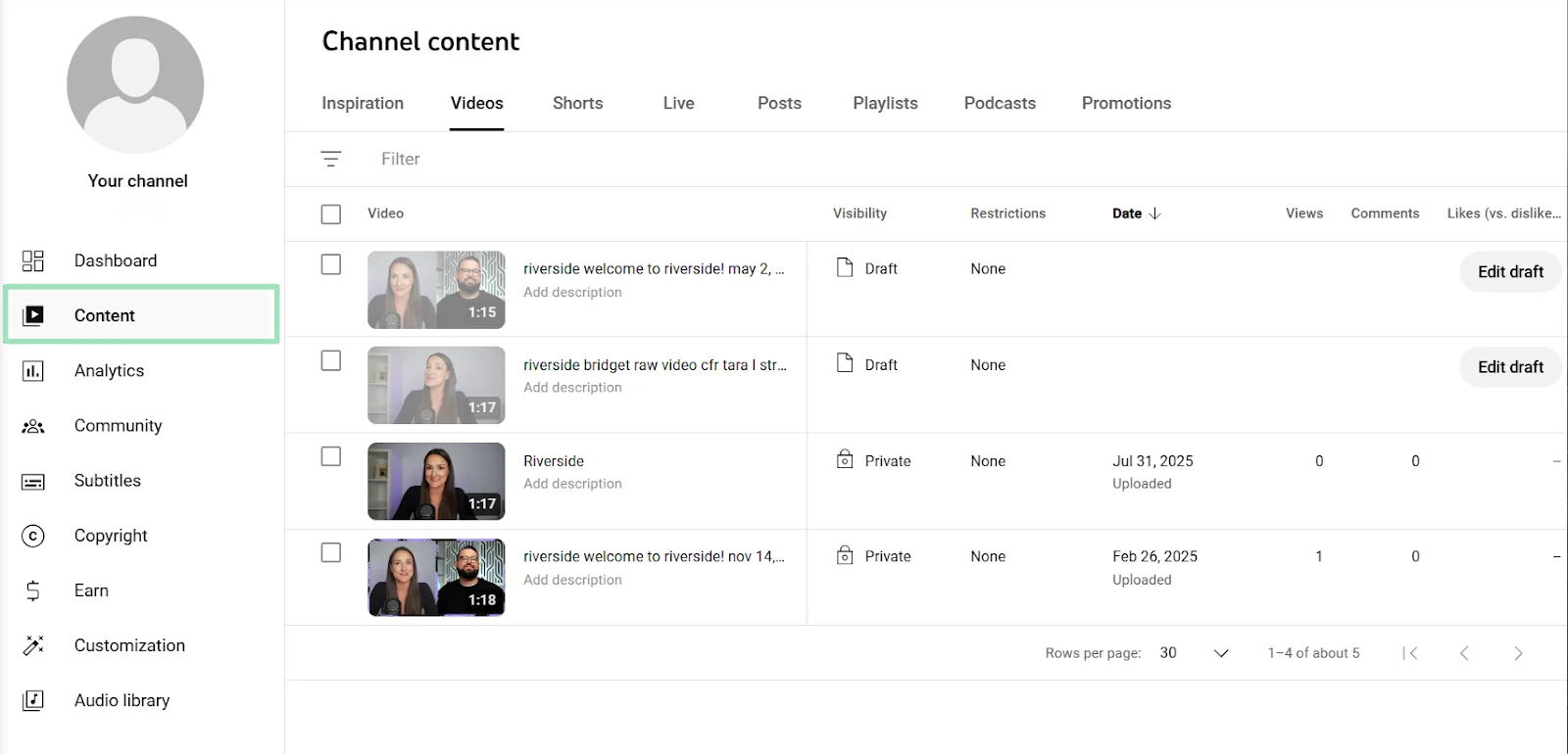Youtube Studio content section