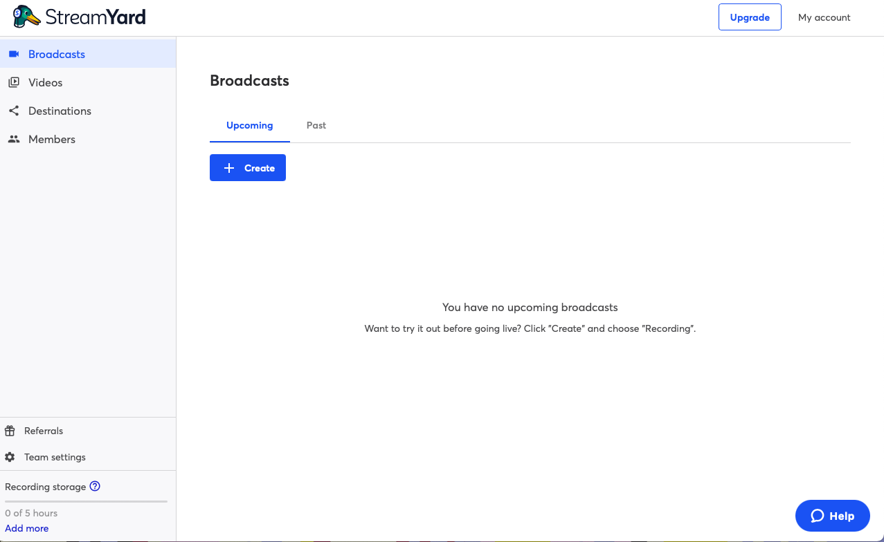 StreamYard studio dashboard
