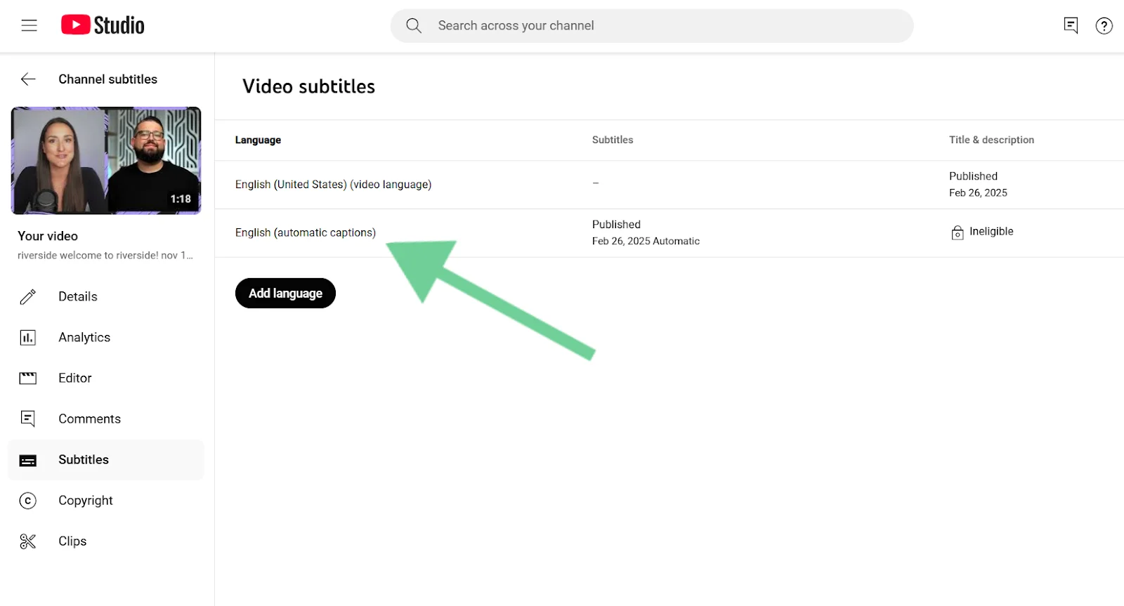 YouTube studio subtitles language