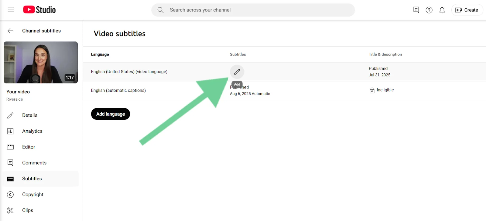 YouTube studio adding captions