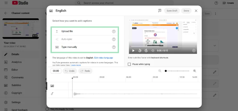 YouTube studio upload a transcript
