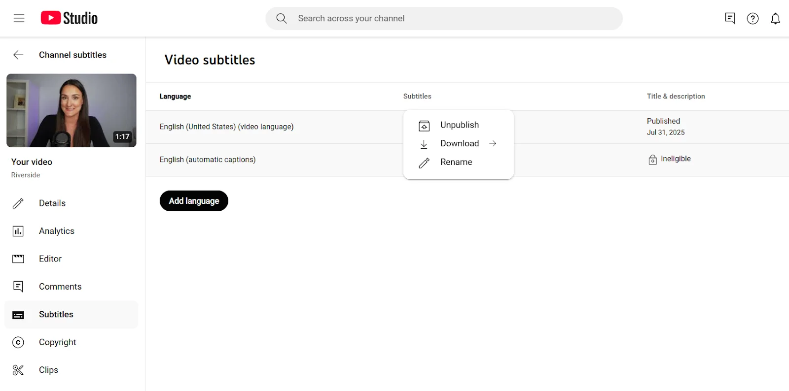 YouTube studio download a .SRT file