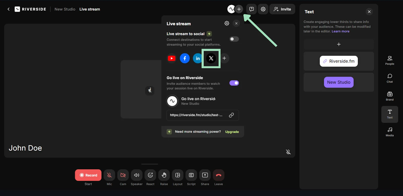 Riverside connect X account for livestreaming