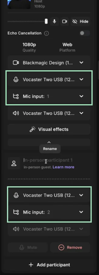 Riverside selecting multiple audio inputs