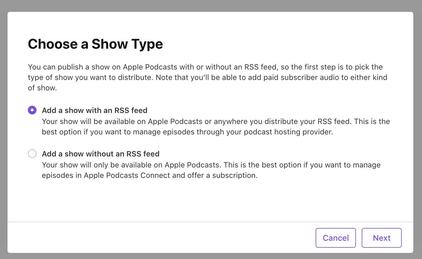 Apple Podcast choose show type