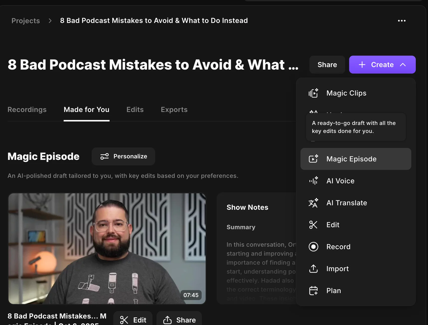 Projects page Magic Episode