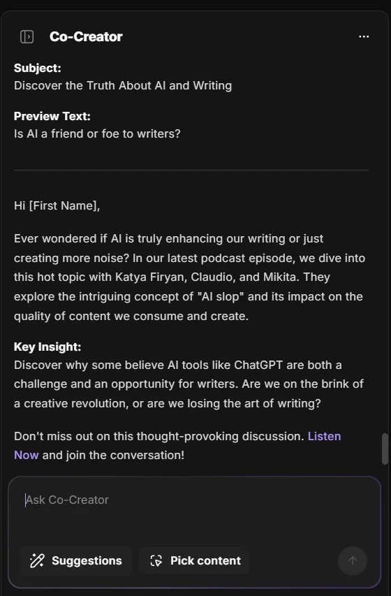 Co-creator generating emails for newsletter