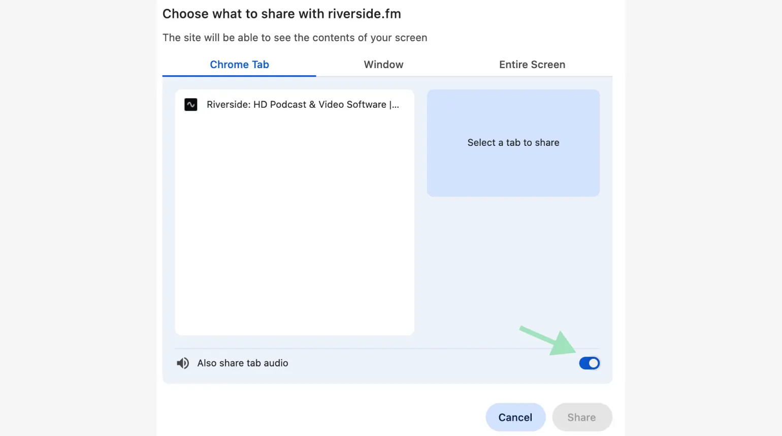 Riverside audio tab on screen sharing