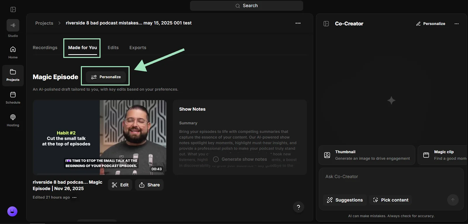 Riverside personalize a Magic Episode