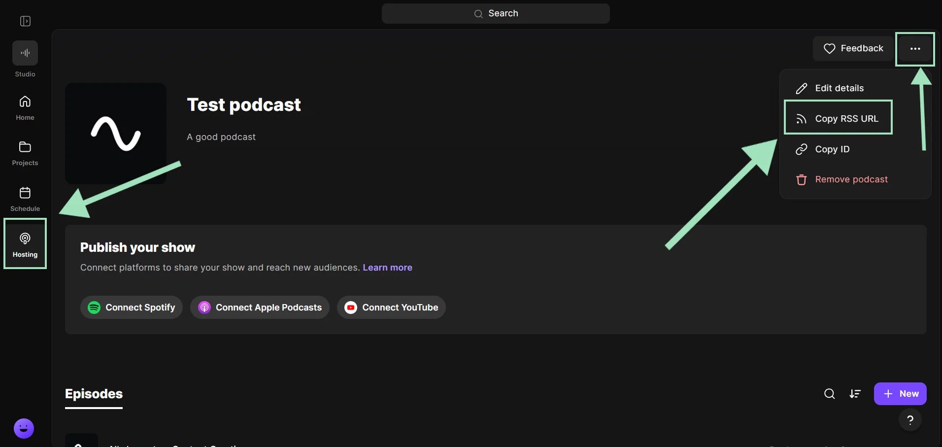 Copying your RSS feed URL from Riverside