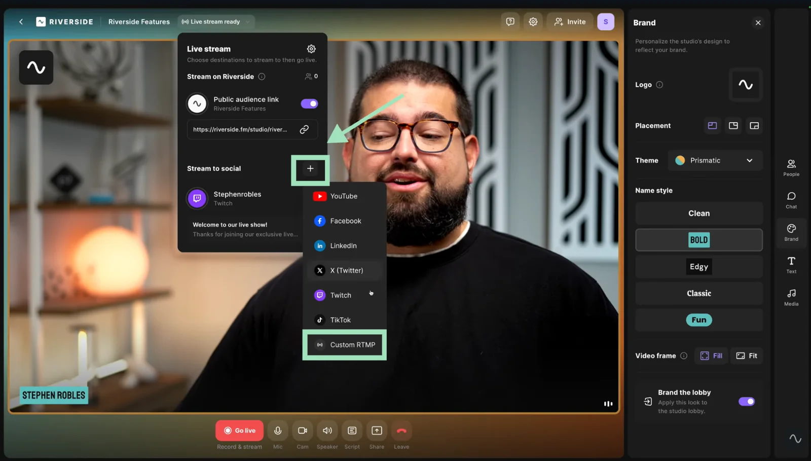 Riverside streaming to a custom RTMP