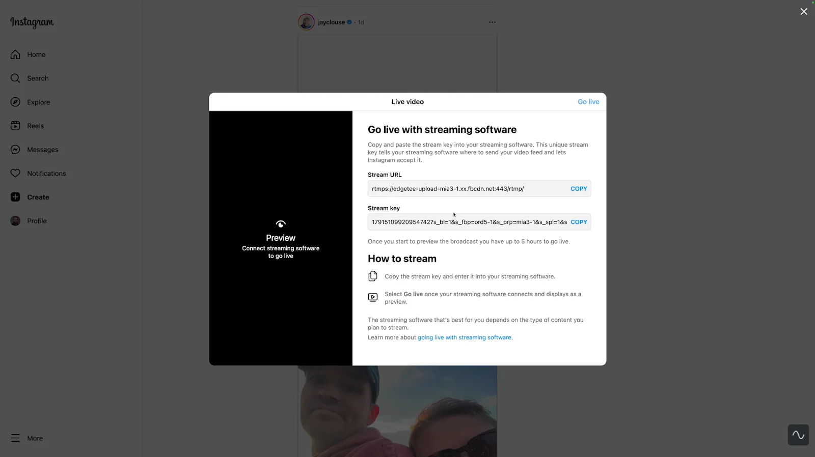 Copying a stream key and URL from Instagram