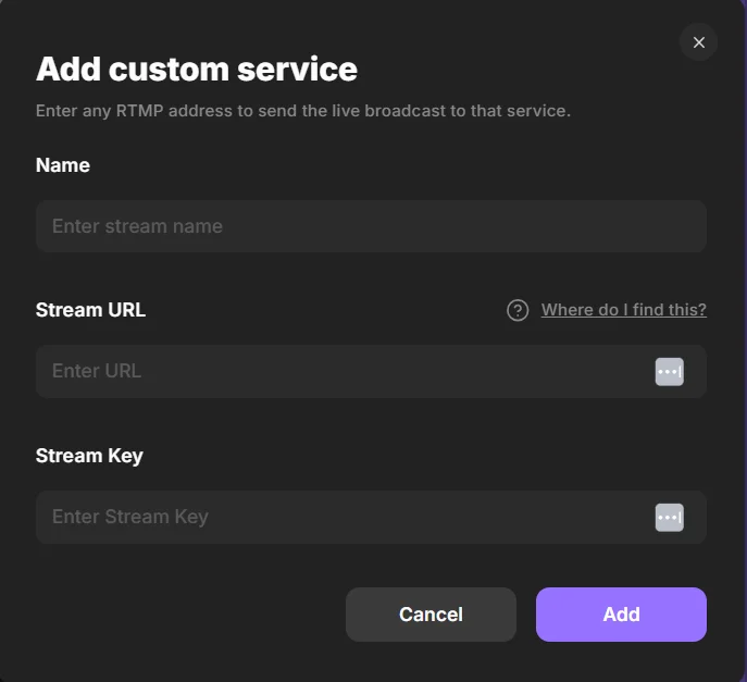 Riverside add stream key and URL