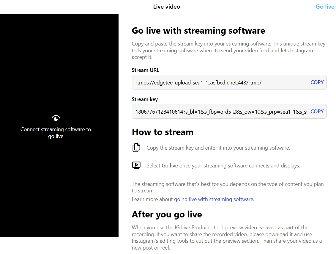 Instagram stream key