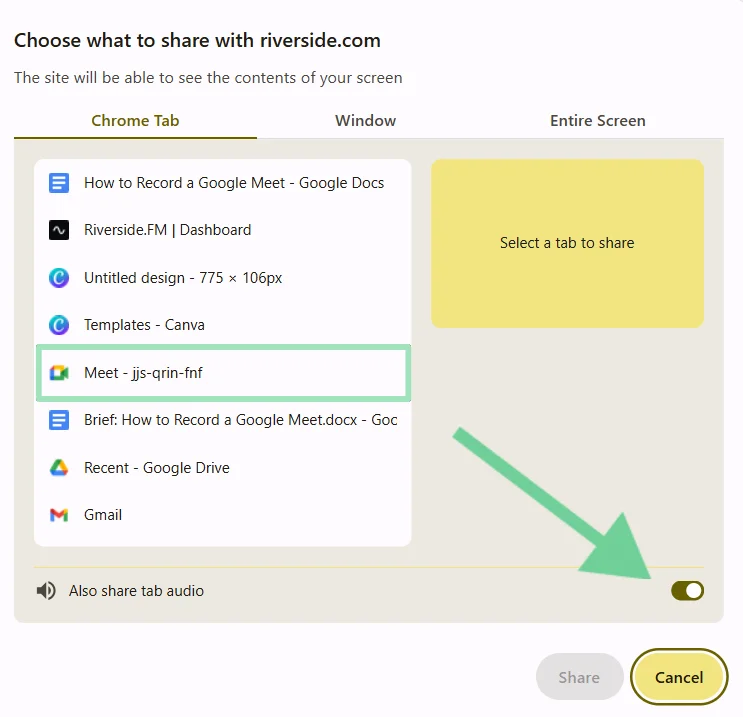 Riverside screen sharing tab