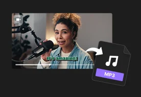 Content creator recording video audio, illustrated converting a video file into an MP3 audio download.