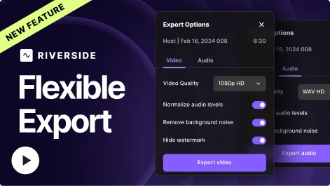 Riverside export settings showing audio extraction options, including WAV and MP3 audio export from video recordings.