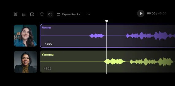Multi-track audio editor in Riverside displaying extracted audio tracks from video for multiple speakers.