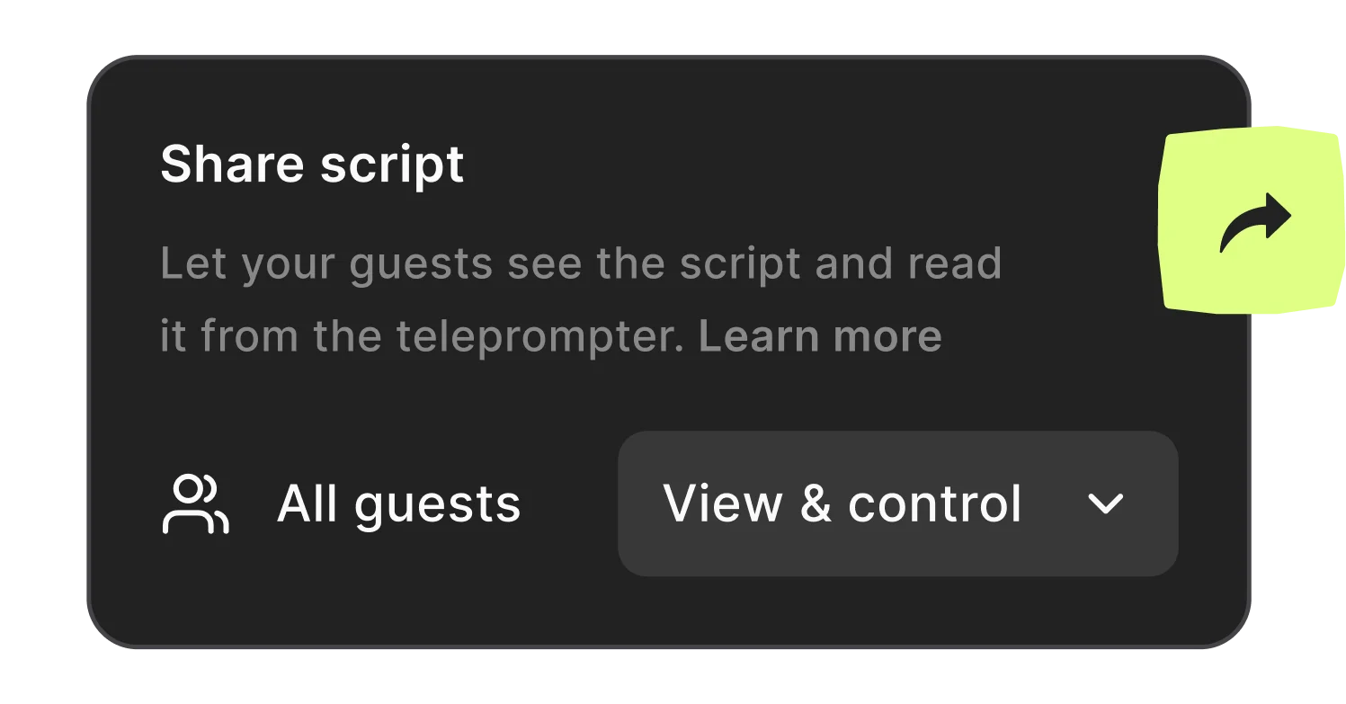 Riverside script sharing feature allowing creators to control guest access to teleprompter scripts