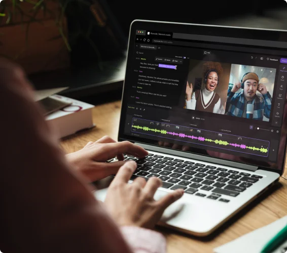 User editing a video in Riverside to extract high-quality audio from video using text-based editing and separate audio tracks.