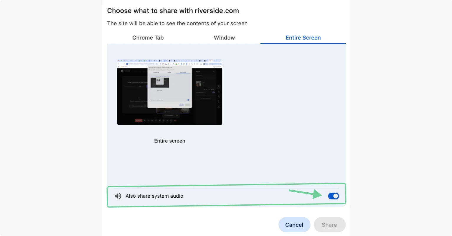 Sharing audio during screen recording with Riverside