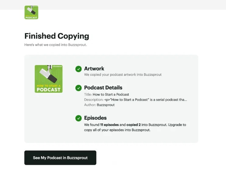 Buzzsproutcompleting show import